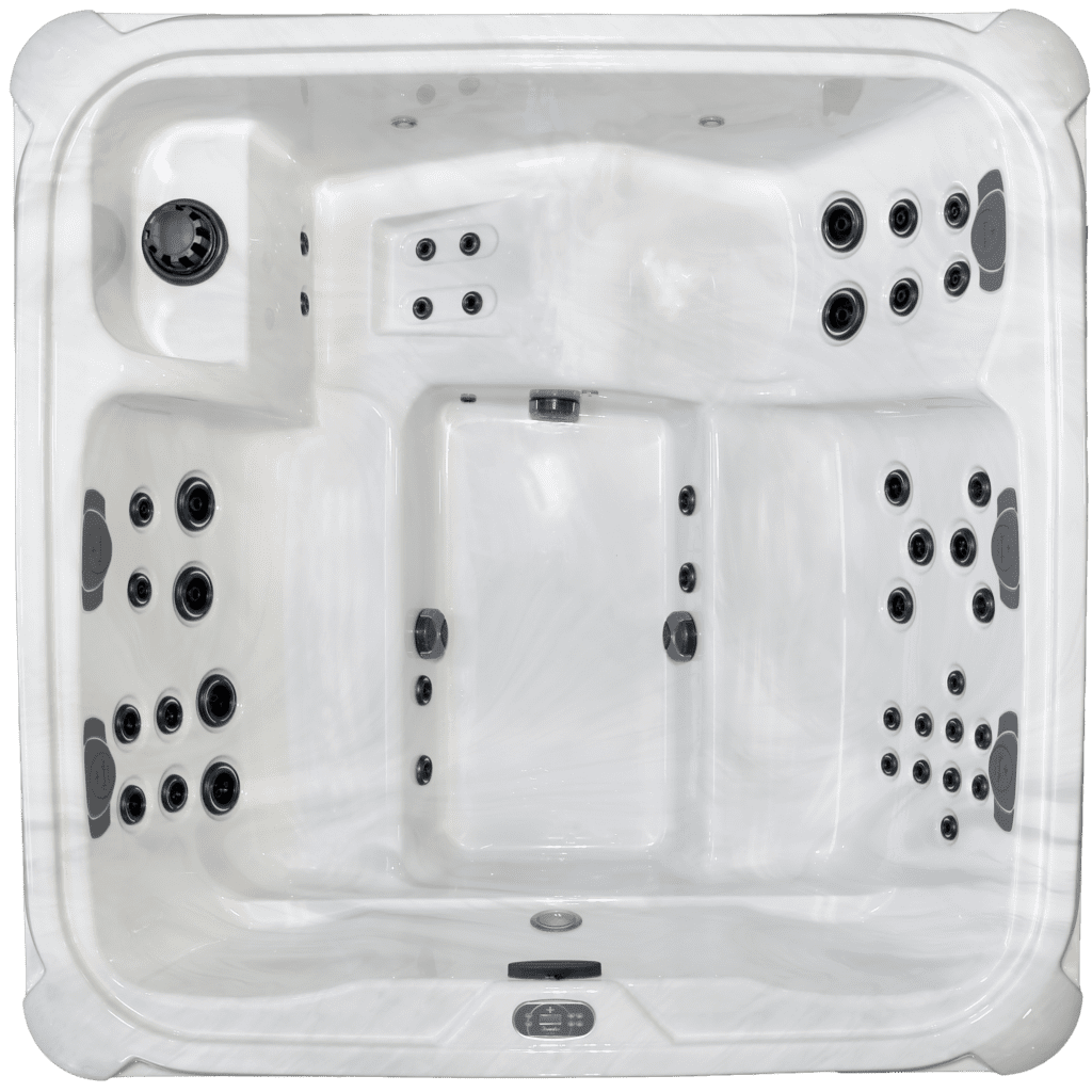 Top view of a white hot tub with multiple jets.