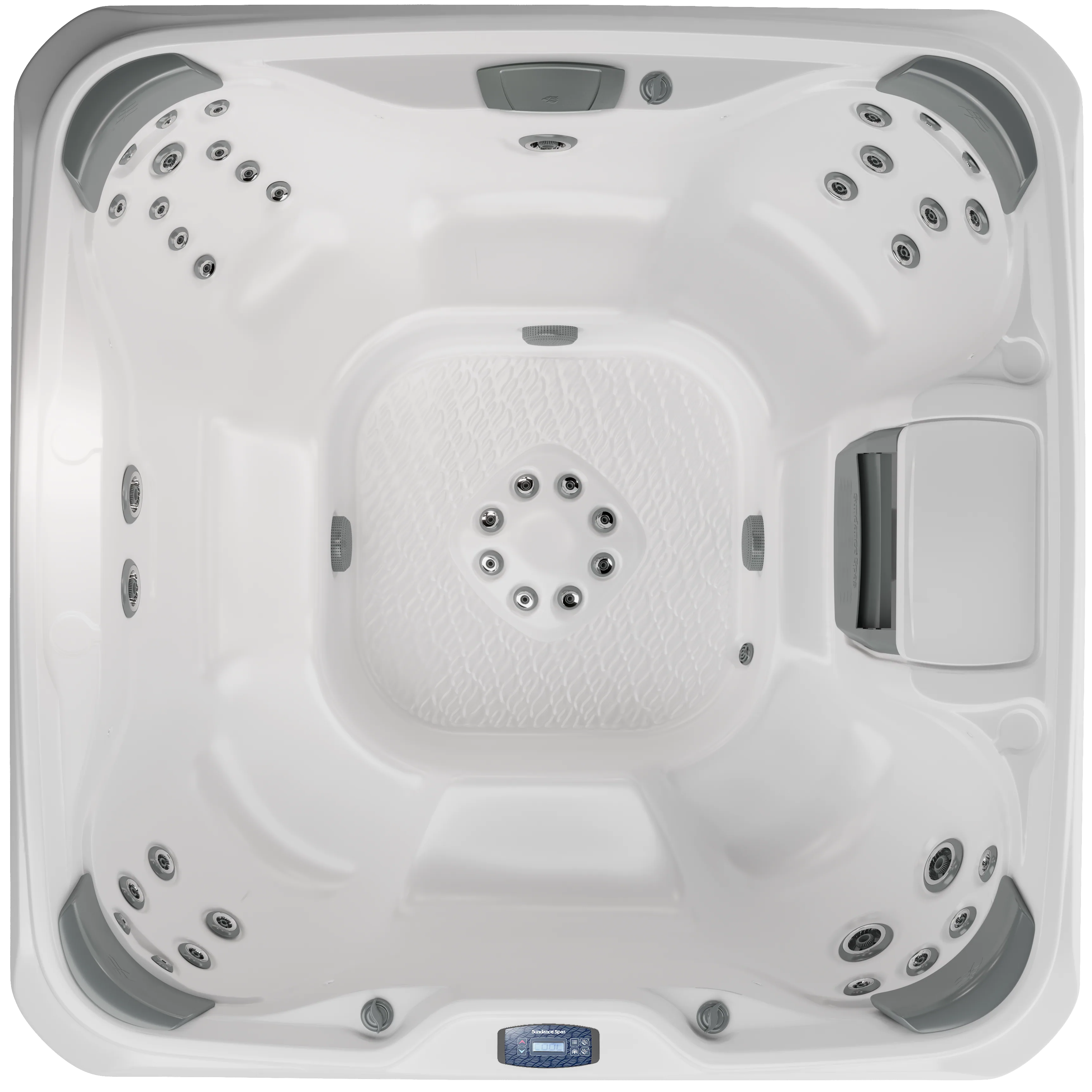 Top view of spacious white McKinley hot tub with multiple jets.