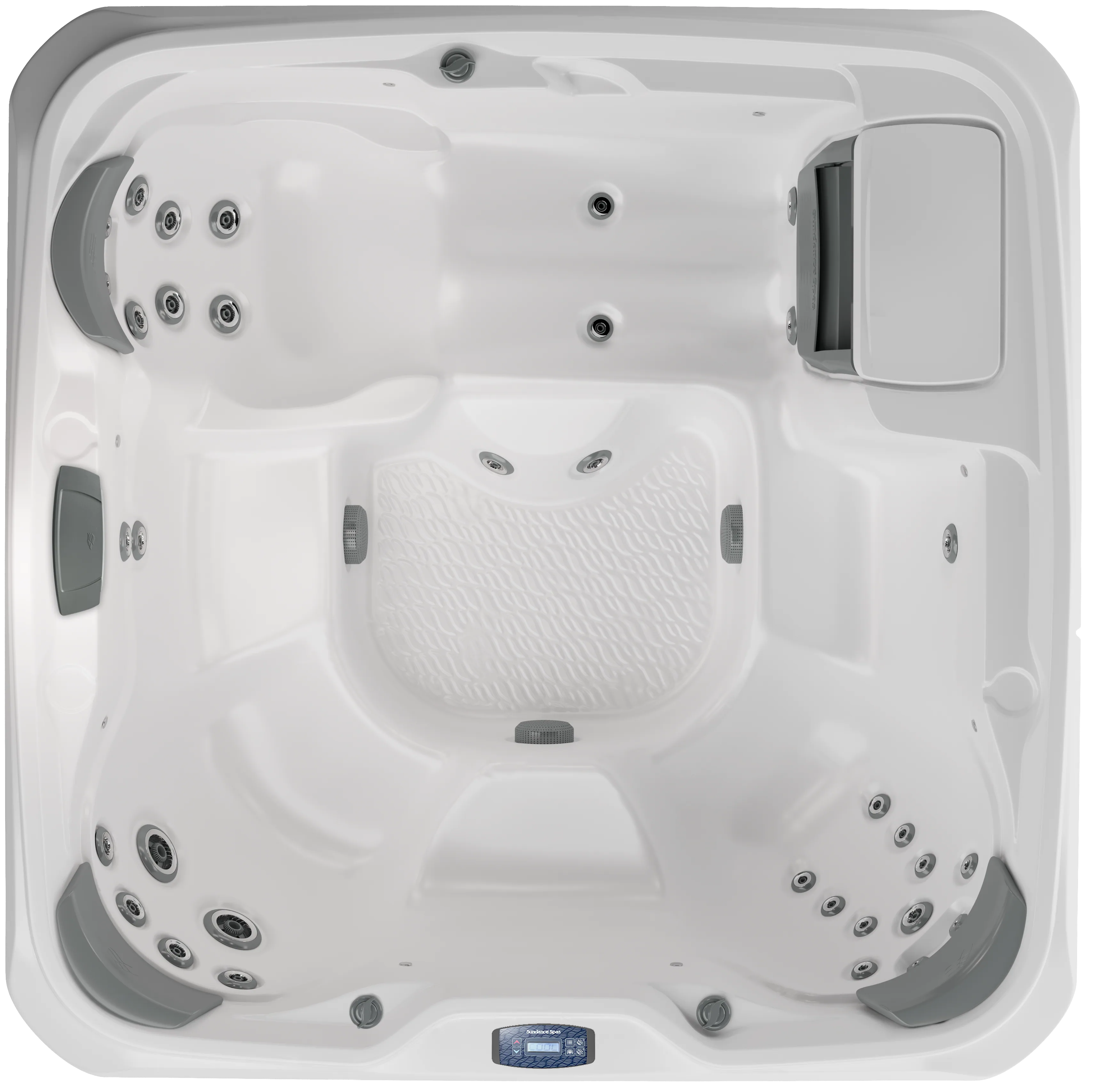 Top view of a white hot tub for six adults.