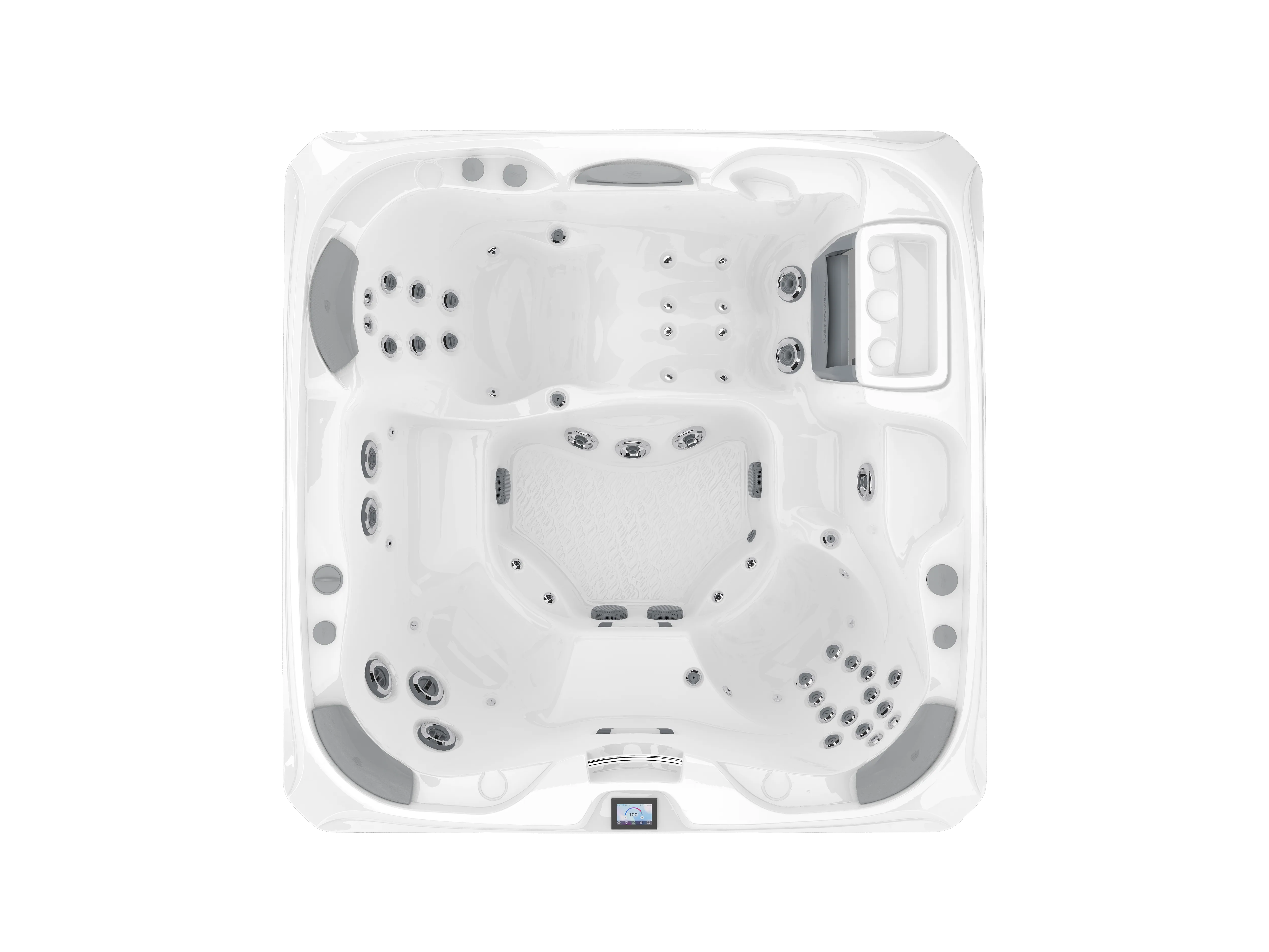Top view of a large white hot tub with multiple seats and jets.