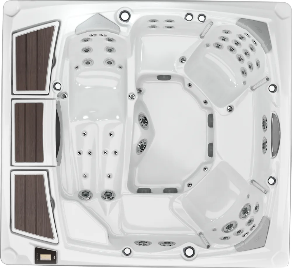 Top view of six-person hot tub with various seating options and jets